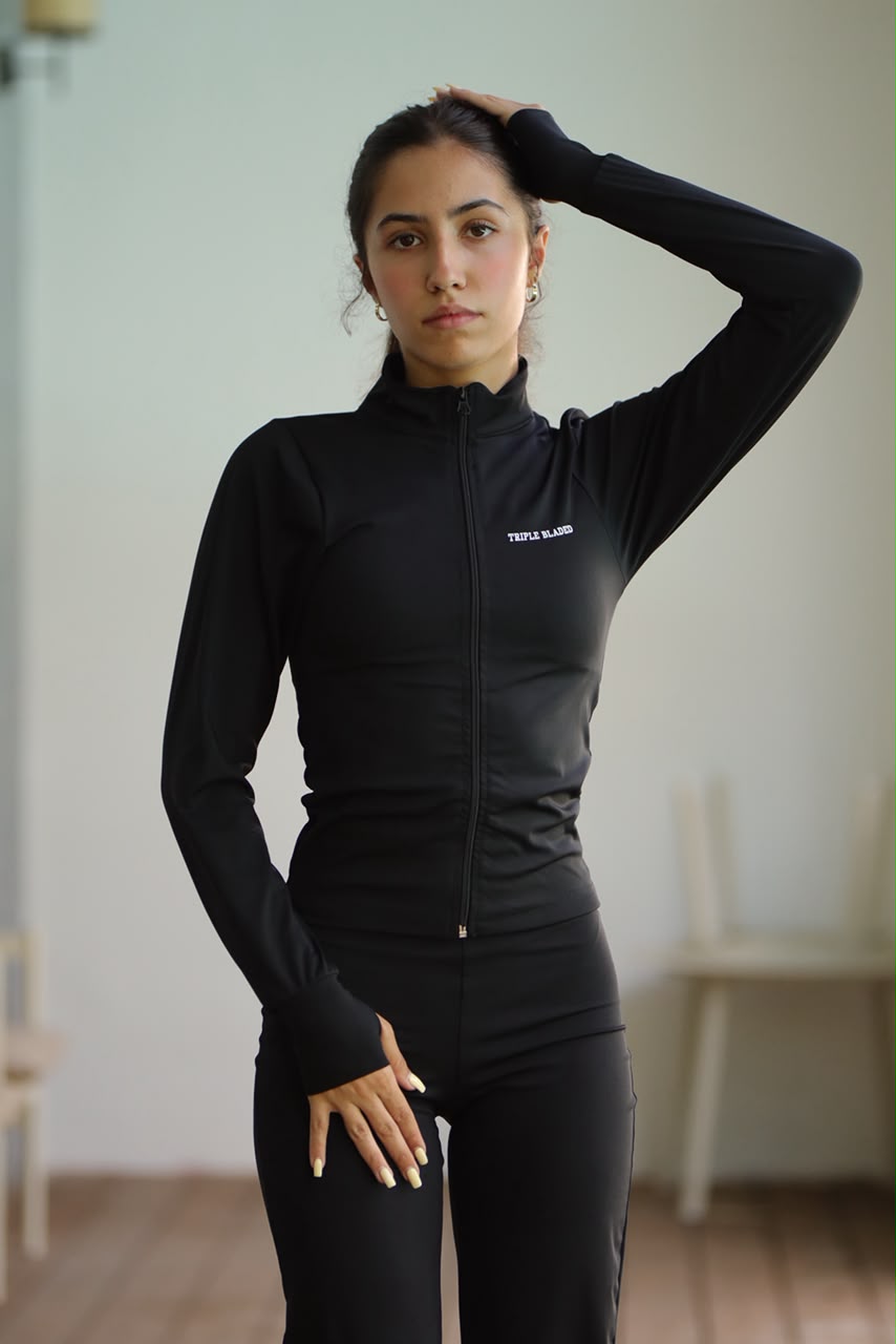 Long Sleeve Zip-Up Flare Set in black, front view